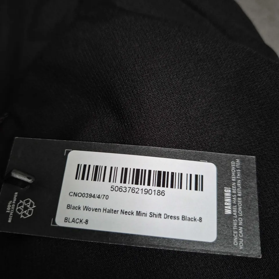 PRETTYLITTLETHING BLACK WOVEN HALTER NECK MINI DRESS – UK 8