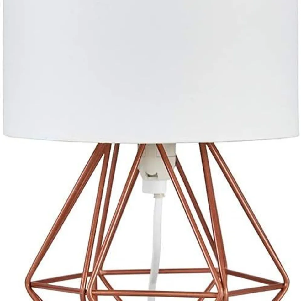 BOXED MINISUN CAGE STYLE GEOMETRIC BRUSHED COPPER TABLE LAMP WITH WHITE SHADE 25 X 40 CM