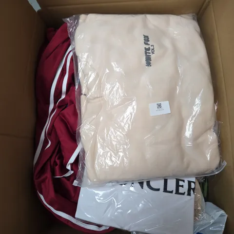 LARGE BOX OF ASSORTED CLOTHING ITEMS IN VARIOUS SIZES, STYLES AND COLOUR 