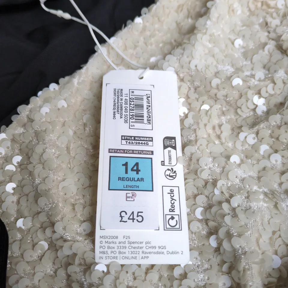 M&S WOMEN’S SEQUIN TOP WITH BLACK BOW – UK 14 REGULAR, CREAM