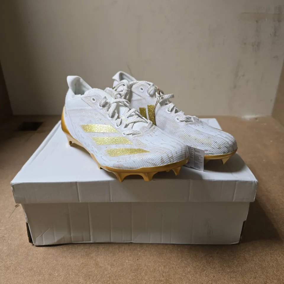 ADIDAS ADIZERO ELECTRIC AMERICAN FOOTBALL BOOTS – WHITE WITH GOLD ACCENTS, UK 5.5