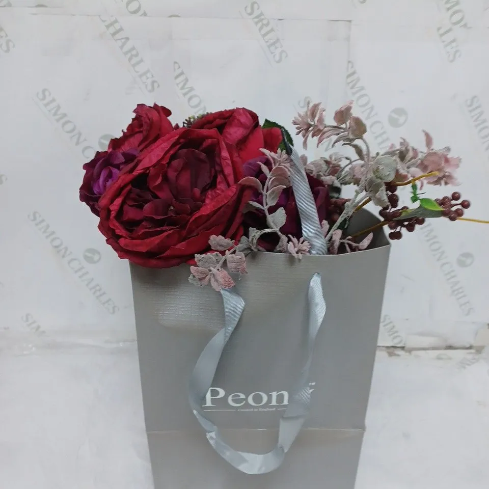 BOXED FAUX FLOWER ARRANGEMENT WITH VASE AND PEONY FLOWER AND ROOM SCENT RED AND PURPLE