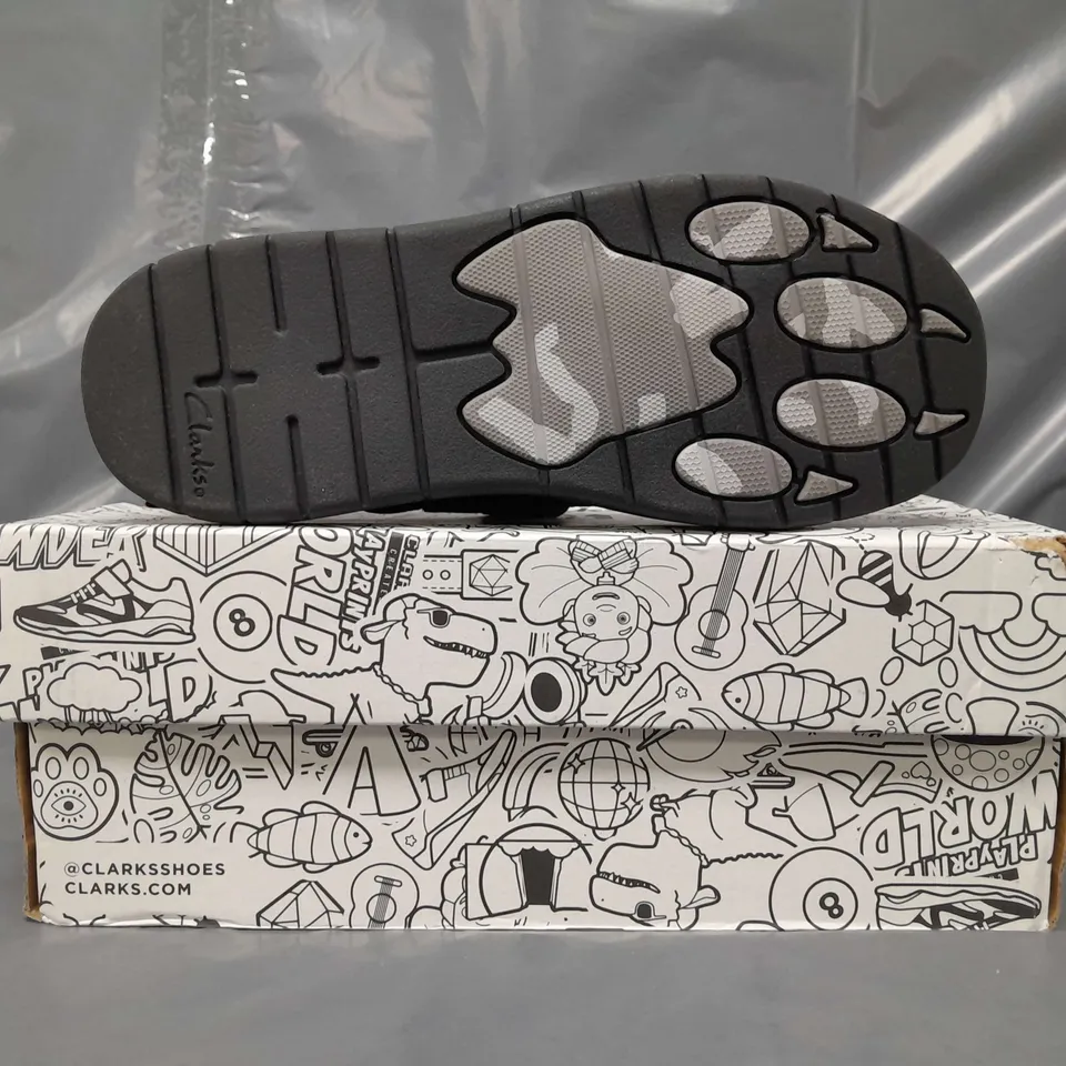 BOXED PAIR OF CLARKS PLAY PRINTS SHOES IN BLACK UK SIZE 3