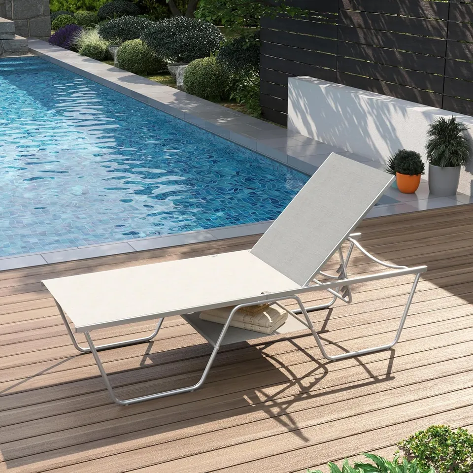 BOXED PHI VILLA SUN LOUNGER 198.5 X 69 X 45 CM WEATHERPROOF DECK CHAIR WITH 5-WAY ADJUSTABLE BACKREST RECLINER OUTDOOR FOR GARDEN BALCONY PATIO