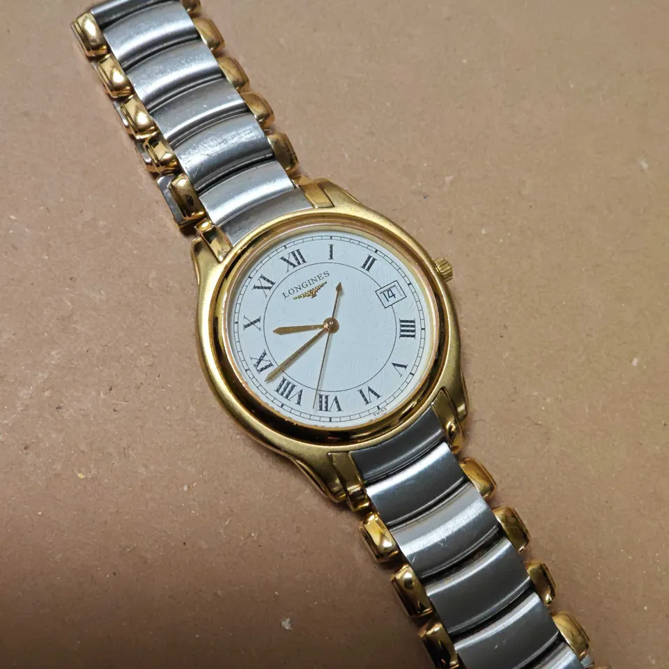 LONGINES ALL STAINLESS STEEL GOLD TONE WATCH WITH WHITE DIAL