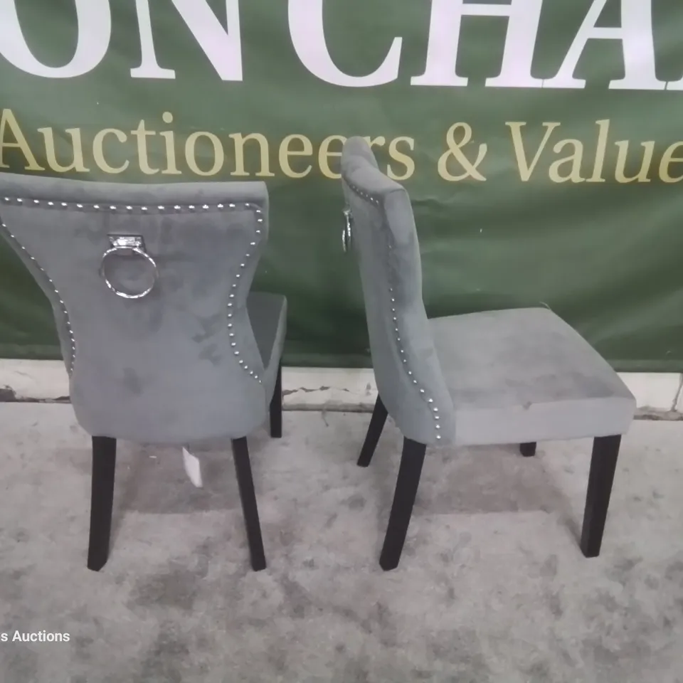 PAIR KENSINGTON GREY VELVET BUTTONED BACK DINING CHAIRS BLACK LEGS
