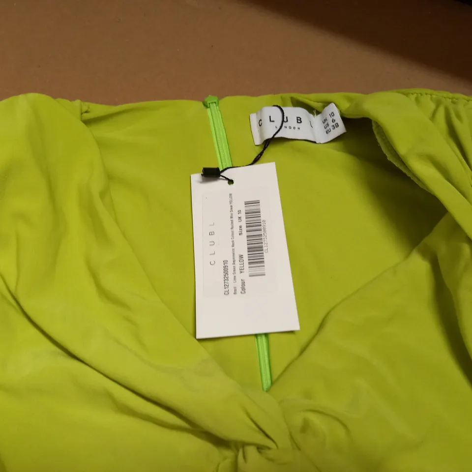 CLUB OF LONDON LIME GREEN ASYMMETRIC NECK CUTOUT RUCHED MINI DRESS - UK 10