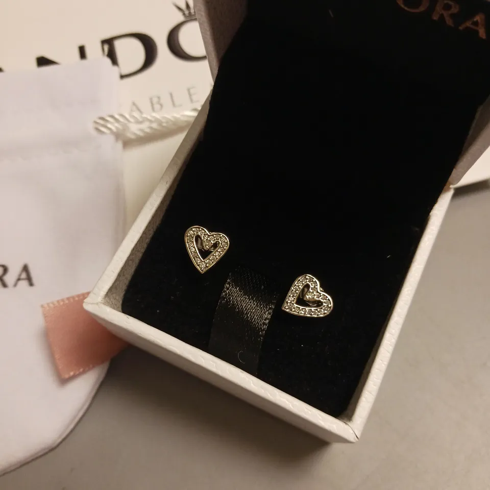 PANDORA EARRINGS IN SILVER HEART DESIGN WITH BUTTERFLY BACKS INCLUDES BOX, POUCH, POLISHING CLOTH AND GIFT BAG
