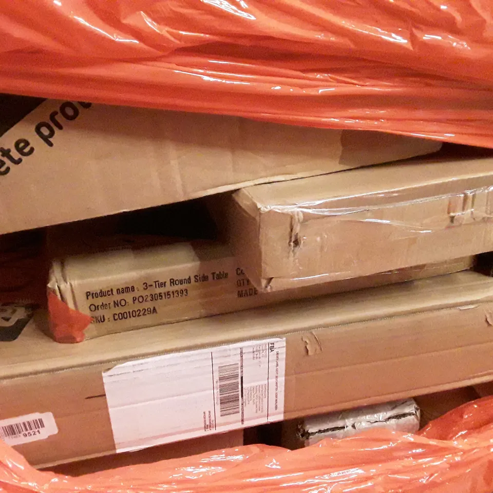 PALLET OF ASSORTED PRODUCTS INCLUDING GARMENT RACK, 3 TIER ROUND SIDE TABLE, ELASTIC SOFA COVER