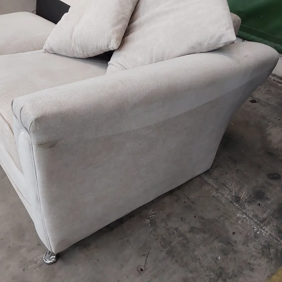 DESIGNER THREE SEATER SOFA BEIGE PLUSH FABRIC WITH SCATTER CUSHIONS 