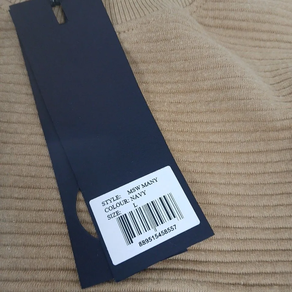 SOUL STAR - COLOUR-BLOCK NAVY KNIT JUMPER, SIZE L (BEIGE & WHITE STRIPE)