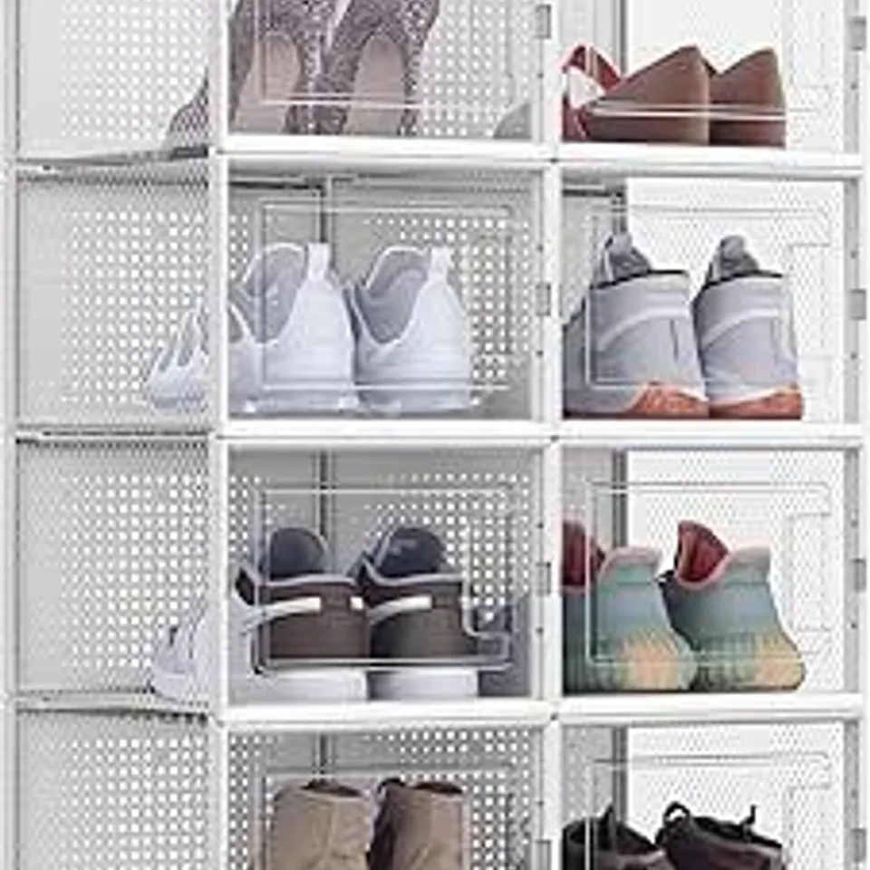 BOXED SONGMICS SHOE BOXES, PACK OF 18 STACKABLE SHOE STORAGE ORGANISERS, FOLDABLE AND VERSATILE FOR SNEAKERS, FIT UP TO UK SIZE 11, TRANSPARENT AND GREY