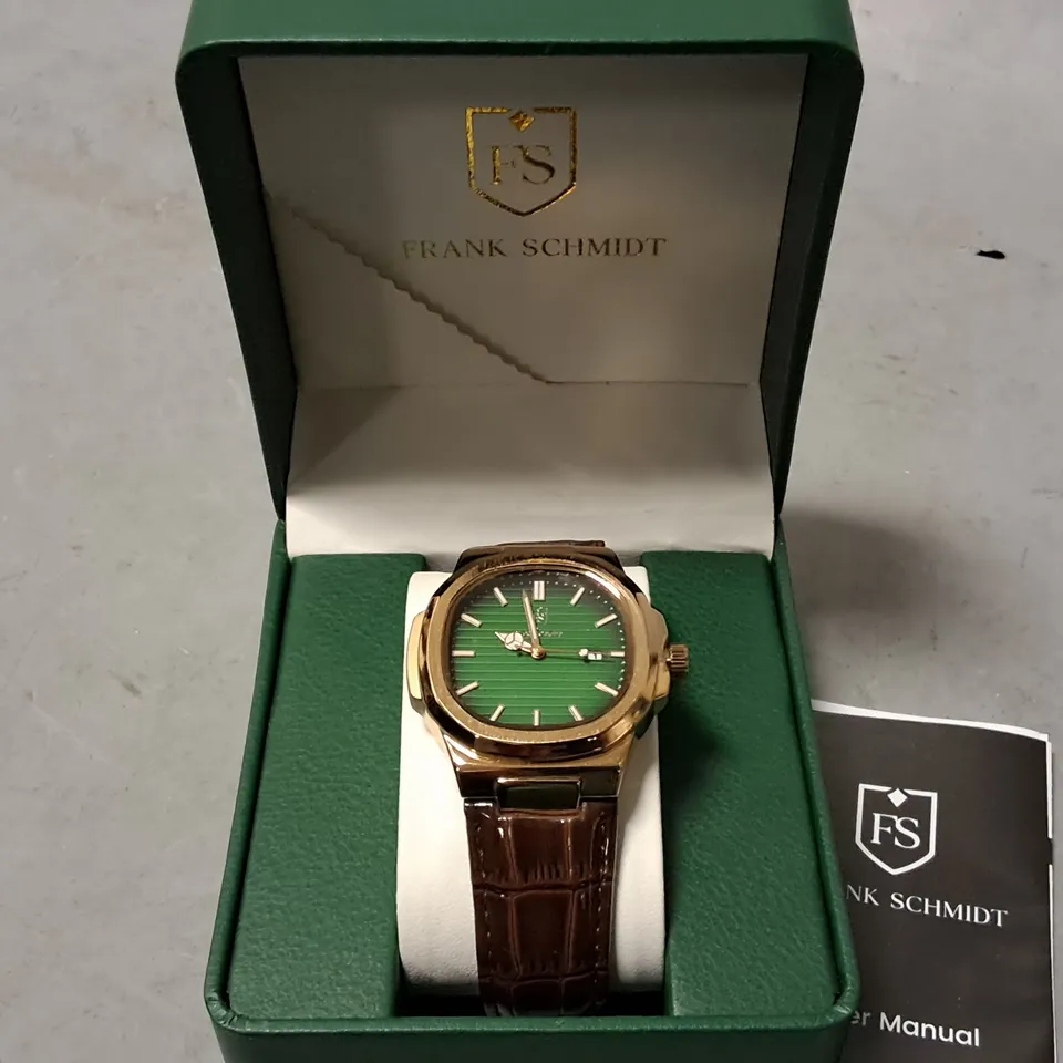 FRANK SCHMIDT STAINLESS STEEL GREEN FACED GENTS WATCH WITH BROWN LEATHER STRAP 