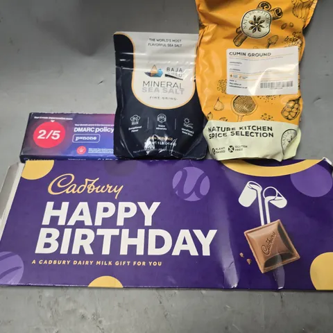 APPROXIMATELY 12 ASSORTED FOOD & DRINK ITEMS TO INCLUDE - CADBURYS CHOCOLATE BAR , MINERAL SEA SALT , CUMIN GROUND ETC