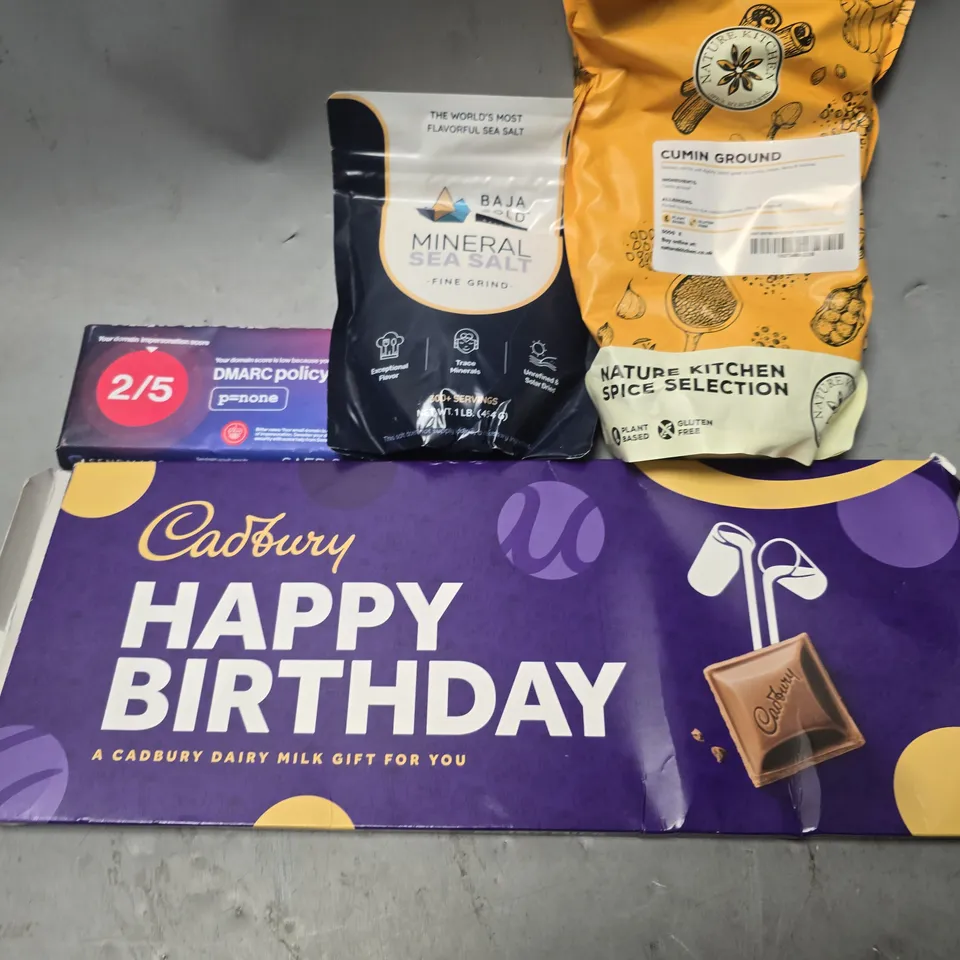 APPROXIMATELY 12 ASSORTED FOOD & DRINK ITEMS TO INCLUDE - CADBURYS CHOCOLATE BAR , MINERAL SEA SALT , CUMIN GROUND ETC