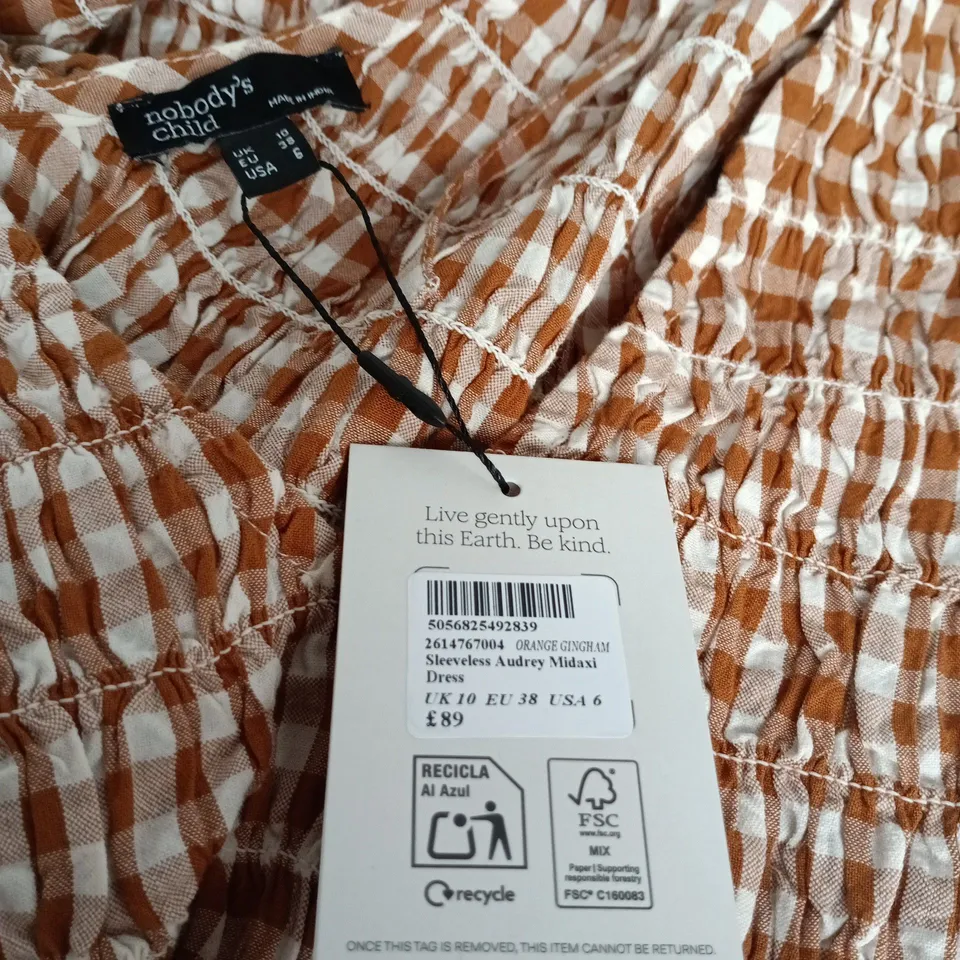 UK 10 NOBODY'S CHILD SLEEVELESS AUDREY MIDAXI DRESS – ORANGE GINGHAM