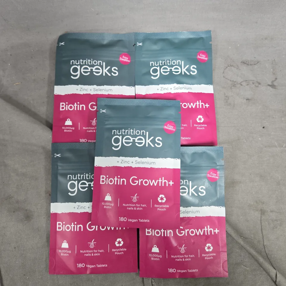 5 PACKS OF NUTRITION GEEKS BIOTIN GROWTH+ (180 VEGAN CAPSULES PER PACK)