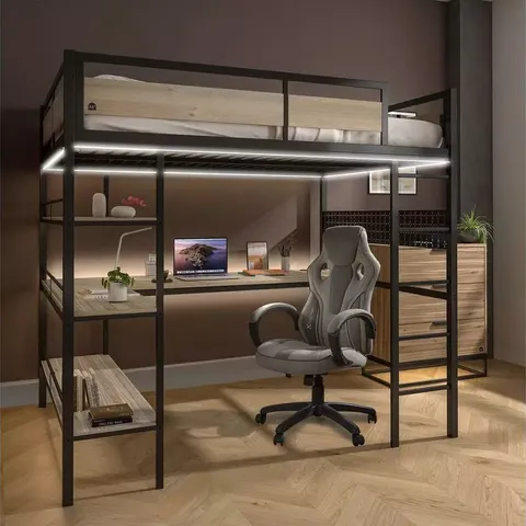 BOXED XR LIVING DENVER HIGH SLEEPER WITH WIRELESS CHARGING AND APP CONTROLLED LED LIGHTS - DOUBLE - OAK/BLACK (3 BOXES)