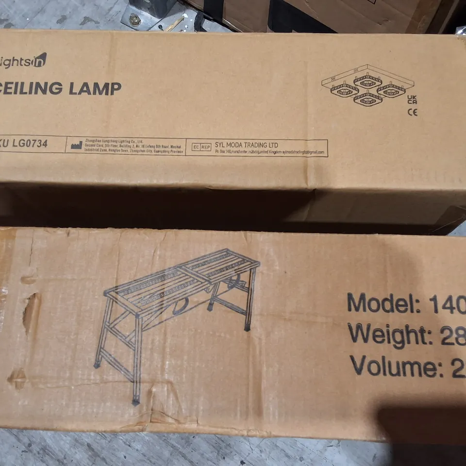 PALLET OF ASSORTED HOUSEHOLD ITEMS TO INCLUDE CEILING FAN LIGHT, 140CM WORKBENCH AND 5FT FAUX OLIVE TREE