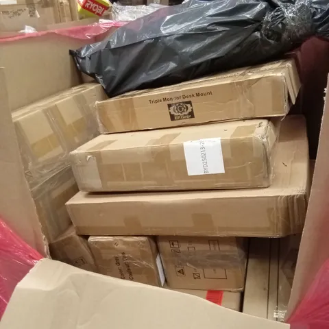 PALLET OF ASSORTED ITEMS INCLUDING: TRIPLE MONITOR DESK MOUNT, BABY PLAYPEN, BABY WALKER, BOXED FURNITURE ETC