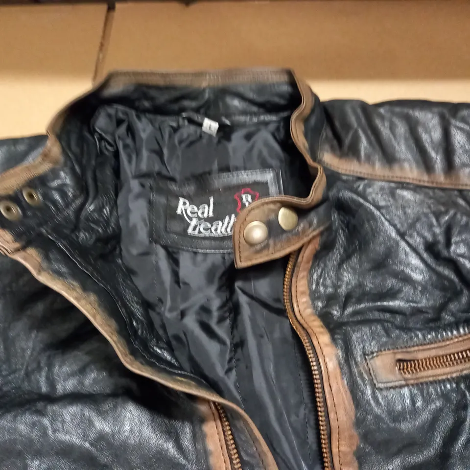 REAL LEATHER ZIP THROUGH JACKET - L