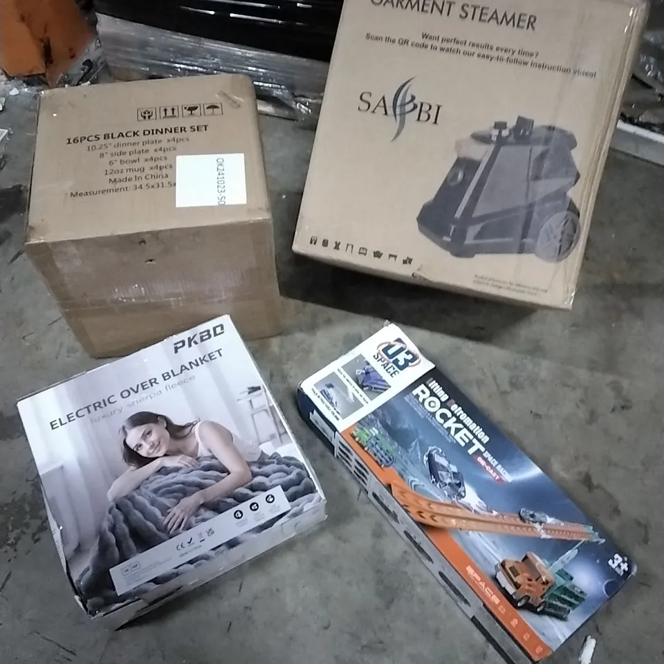 PALLET OF HOUSEHOLD ITEMS TO INCLUDE ELECTRIC OVER BLANKET, 16PCS BLACK DINNER SET, GARMENT STEAMER AND OTHER ASSORTED ITEMS...