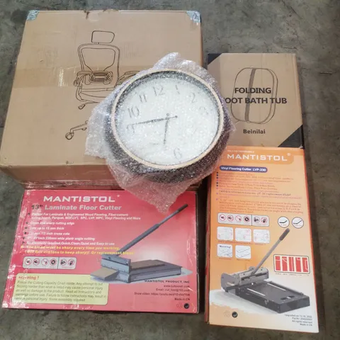 PALLET CONTAINING ASSORTED PRODUCTS INCLUDING OFFICE CHAIR, FOLDING FOOT BATH TUB, WALL CLOCK, 13" LAMINATE FLOOR CUTTER & VINYL FLOORING CUTTER