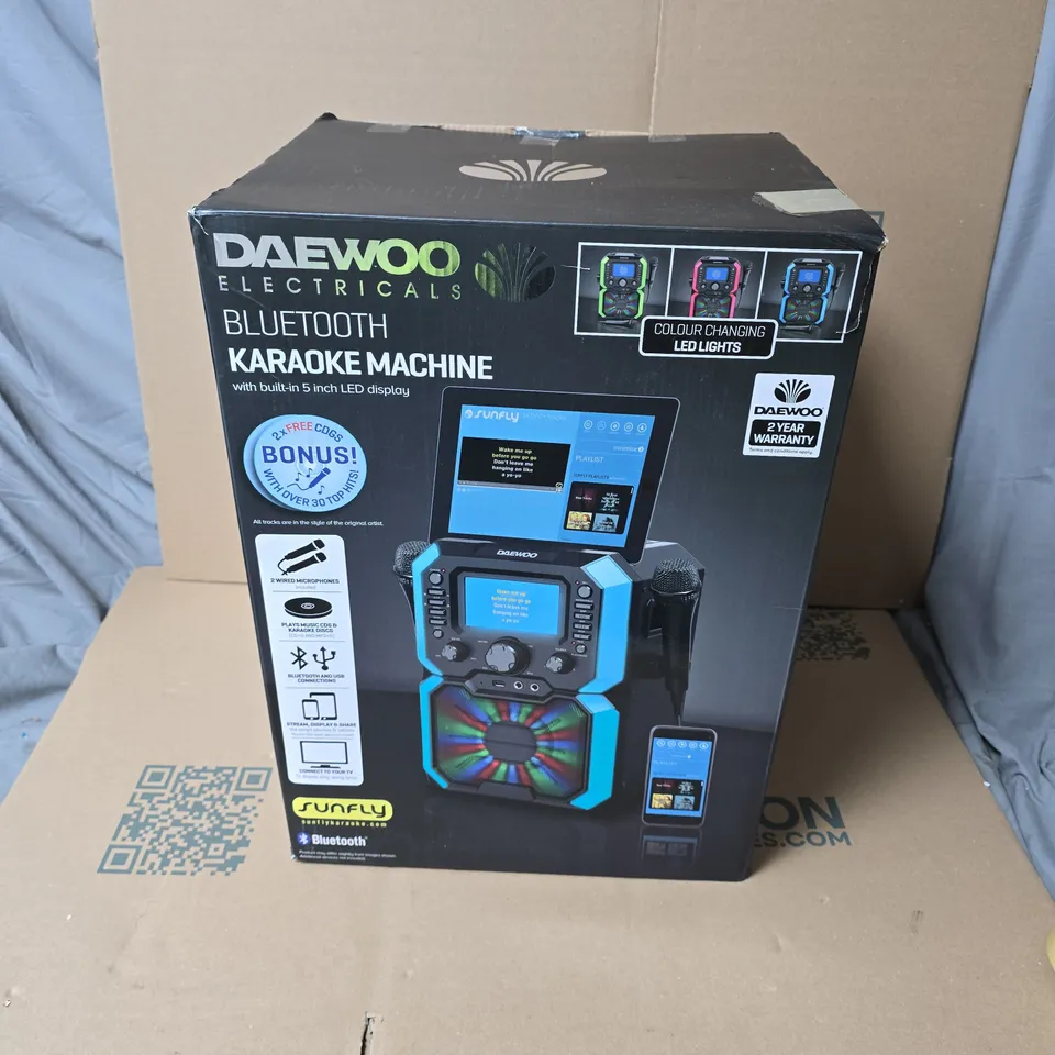 DAEWOO BLUETOOTH KARAOKE MACHINE WITH 2 WIRED MICROPHONES – PORTABLE LED DISPLAY