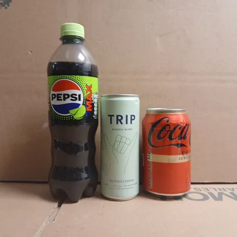 APPROXIMATELY 10 ASSORTED FOOD AND DRINK ITEMS TO INCLUDE COCA-COLA, TRIP, ETC