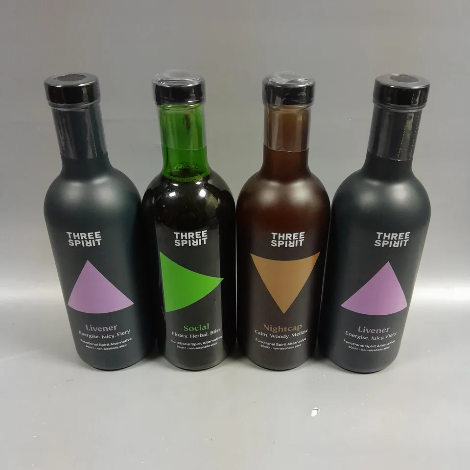 4 X THREE SPIRIT ALCOHOLIC DRINK ALTERNATIVES TO INCLUDE LIVENER, NIGHTCAP & SOCIAL - 4 X 500ML - COLLECTION ONLY 