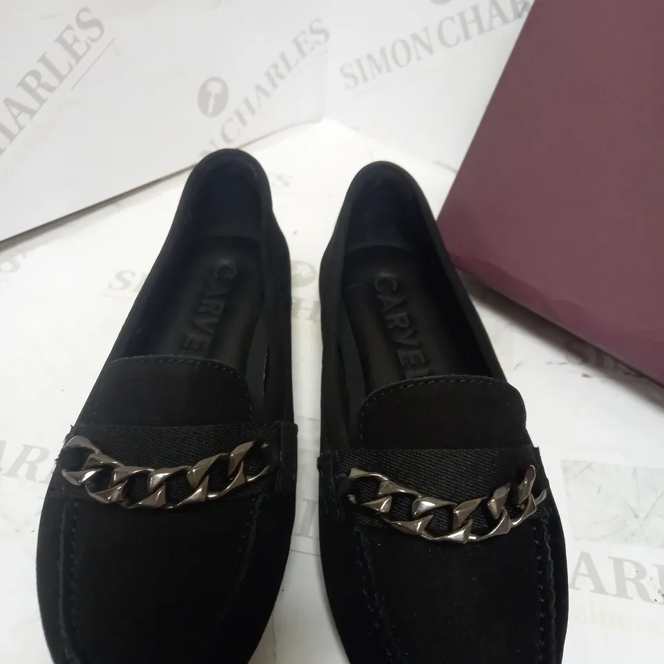 EU 36 CARVELA CHAIN DETAIL MOCCASIN BLACK SUEDE SLIP ON SHOE 
