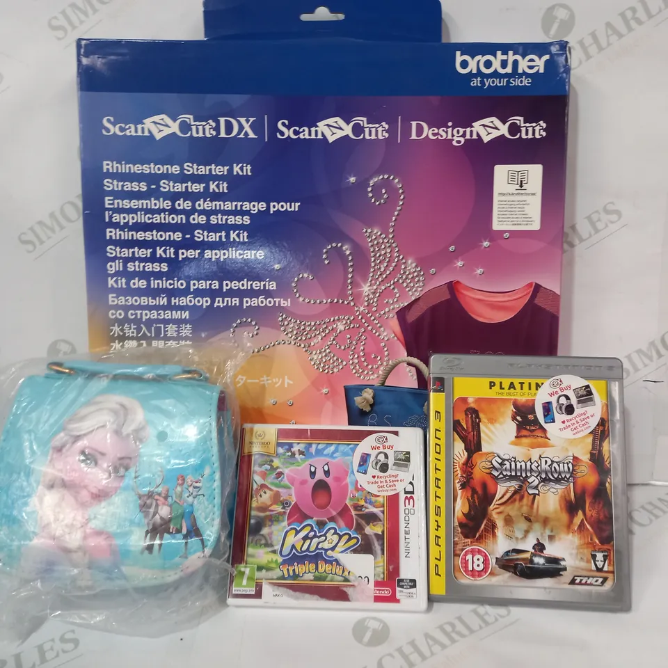 BOX OF APPROXIMATELY 5 ASSORTED TOys and games TO INCLUDE SAINTS ROW 2 PLAYSTATION 3 GAME, KIRBY TRIPLE DELUXE NINTENDO 3DS GAME, SCAN N CUT RHINESTONE STARTER KIT, ETC