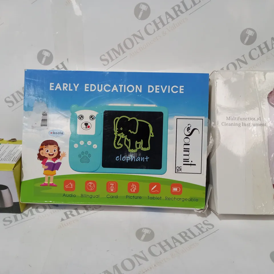 BOX OF APPROXIMATELY 15 ASSORTED HOUSEHOLD ITEMS TO INCLUDE MULTIFUNCTIONAL CLEANING INSTRUMENT, EARLY EDUCATION DEVICE, ASHTRAY, ETC