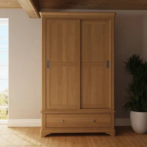 BOXED JOULON 120cm SLIDING COMBINATION WARDROBE IN NATURAL OAK WITH OAK TOP (2 BOXES)