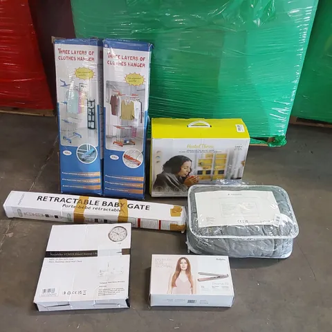 PALLET OF ASSORTED CONSUMER PRODUCTS TO INCLUDE: HEATED BLANKETS, CLOTHES HANGERS, BABYLISS HAIR STRAIGHTENER, RETRACTABLE BABY GATE, WALL CLOCK ECT