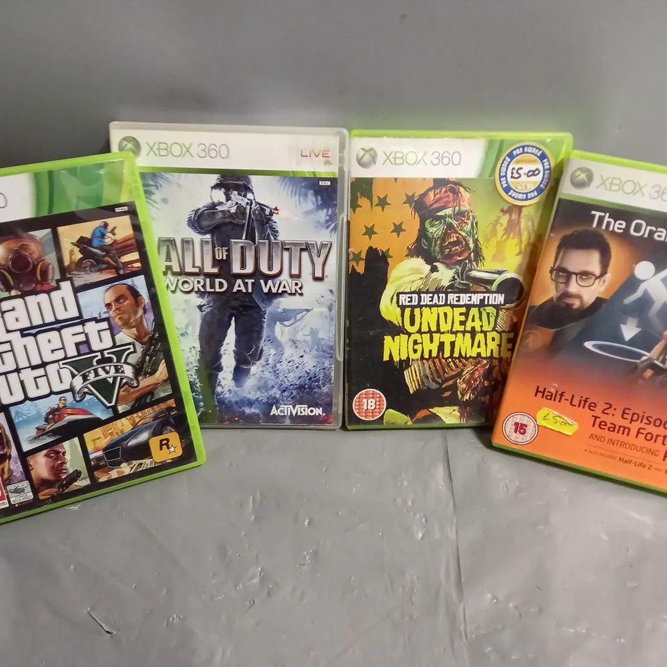 APPROXIMATELY 48 ASSORTED XBOX 360 GAMES TO INCLUDE THE ORANGE BOX, RED DEAD REDEMPTION UNDEAD NIGHTMARE, GRAND THEFT AUTO V, ETC