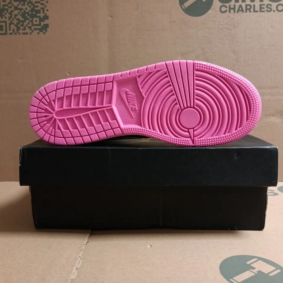 BOXED PAIR OF NIKE AIR JORDAN 1 MID SHOES IN DENIM/GREY/PINK GLITTER SIZE UK 4