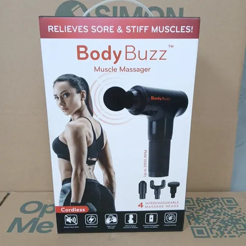 BOXED BODYBUZZ MUSCLE MASSAGER – CORDLESS HANDHELD WITH 4 INTERCHANGEABLE HEADS