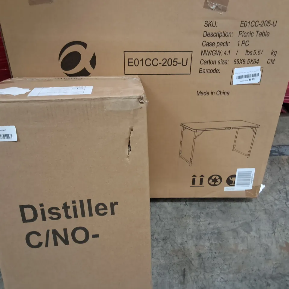 PALLET OF ASSORTED HOUSEHOLD ITEMS TO INCLUDE FOLDING PICNIC TABLES, DISTILLER AND LED MIRROR