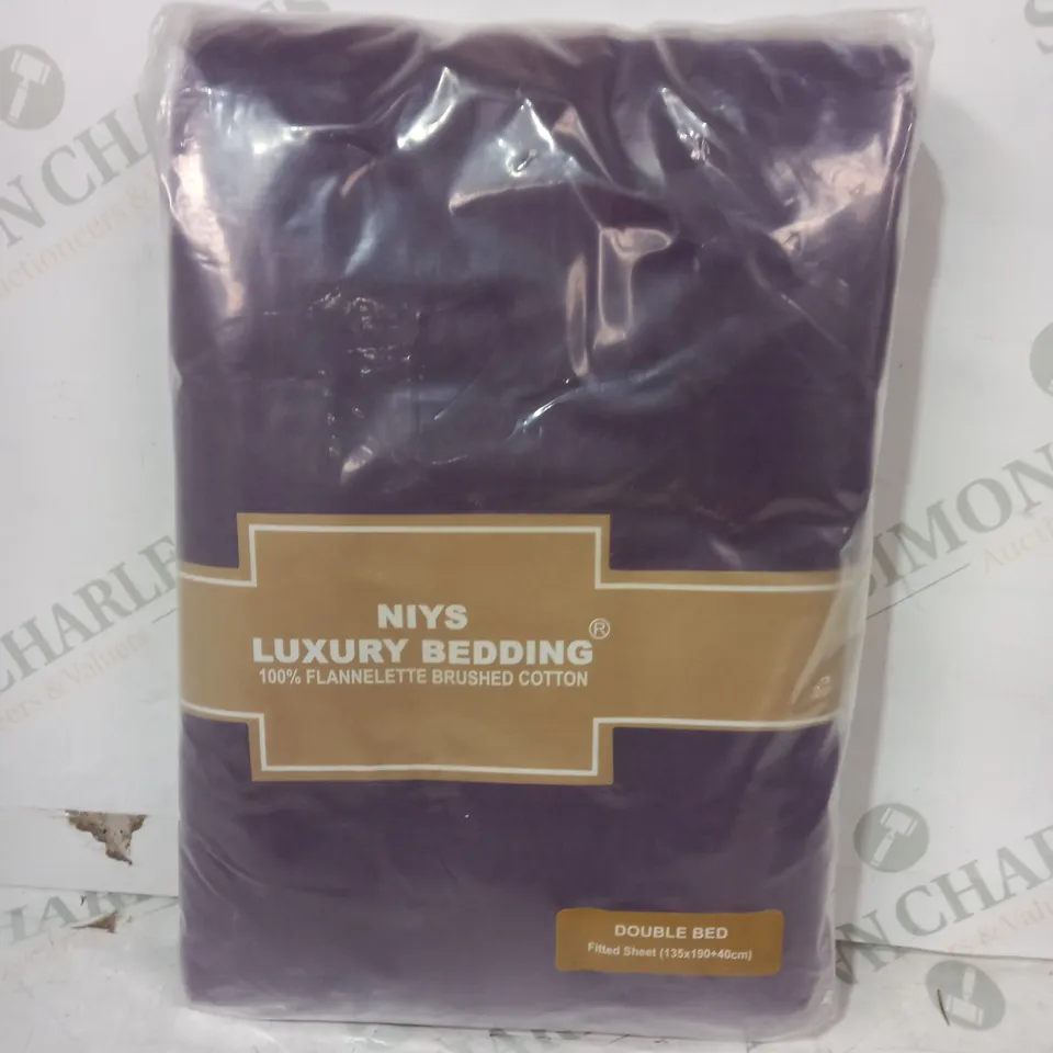 NIYS LUXURY BEDDING - FLANNELETTE BRUSHED COTTON FITTED BED SHEET IN PURPLE - DOUBLE