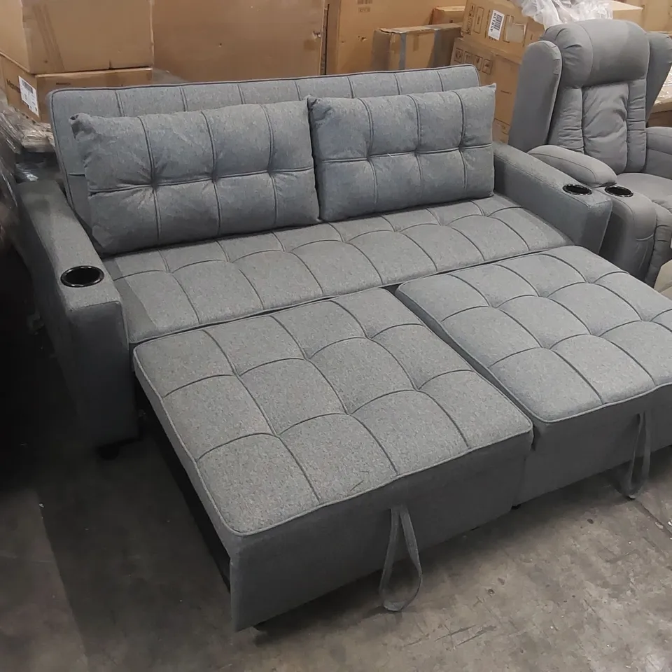 QUALITY DESIGNER FABRIC UPHOLSTERED SOFA BED WITH CUPHOLDERS