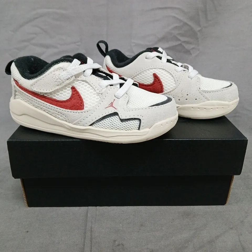 BOXED PAIR OF NIKE JORDAN INFANT SHOES IN SAIL/RED SIZE UK 8.5
