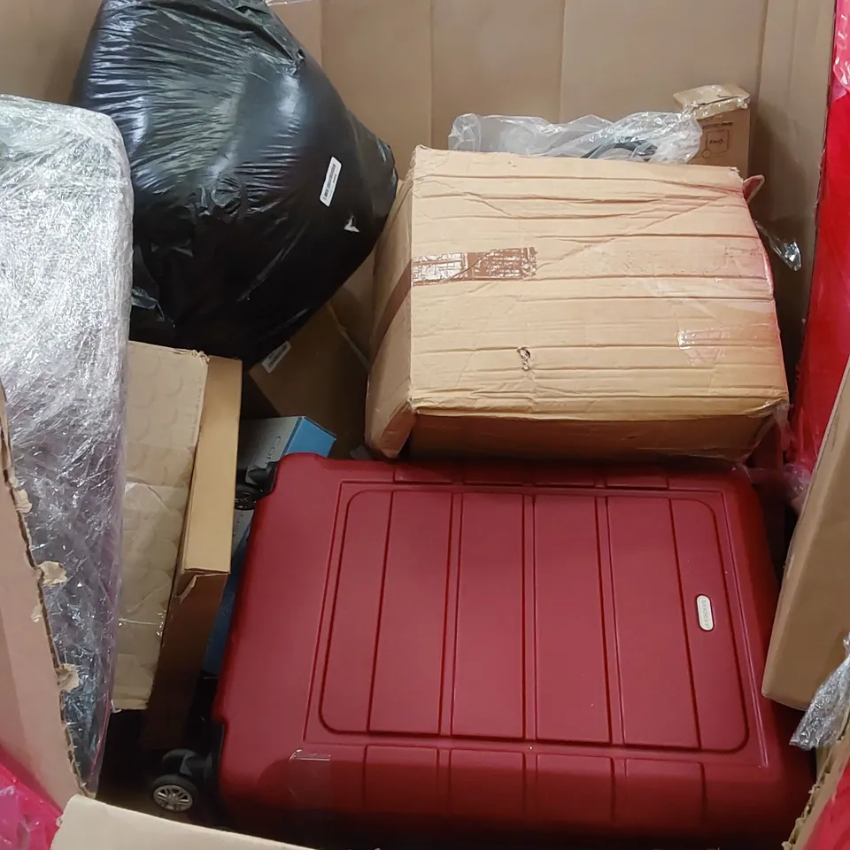 PALLET OF ASSORTED HOUSEHOLD ITEMS AND CONSUMER PRODUCTS. INCLUDES; ROTARY DEHUMIDIFIER, TOILET SEAT, SUITCASE ETC
