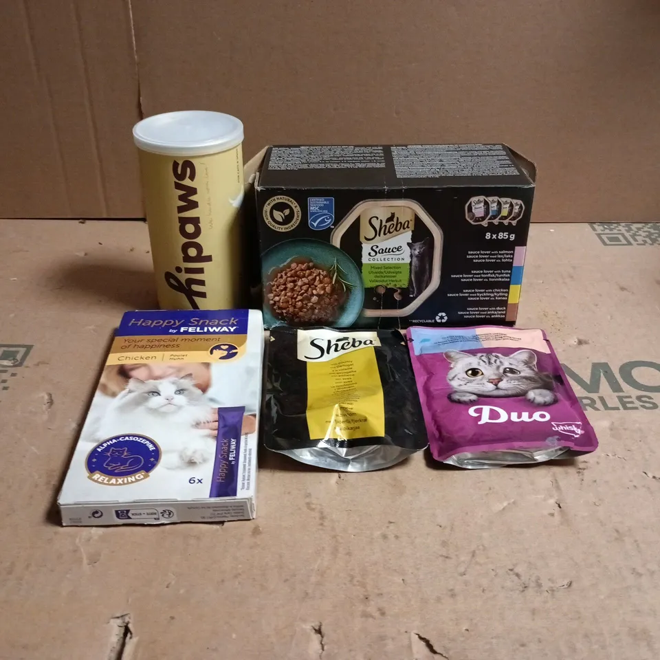 TOTE OF APPROXIMATELY 20 X ASSORTED CAT FOOD/RELATED ITEMS TO INCLUDE HIPAWS, WHIKAS, SHEBA, FELIWAY ETC