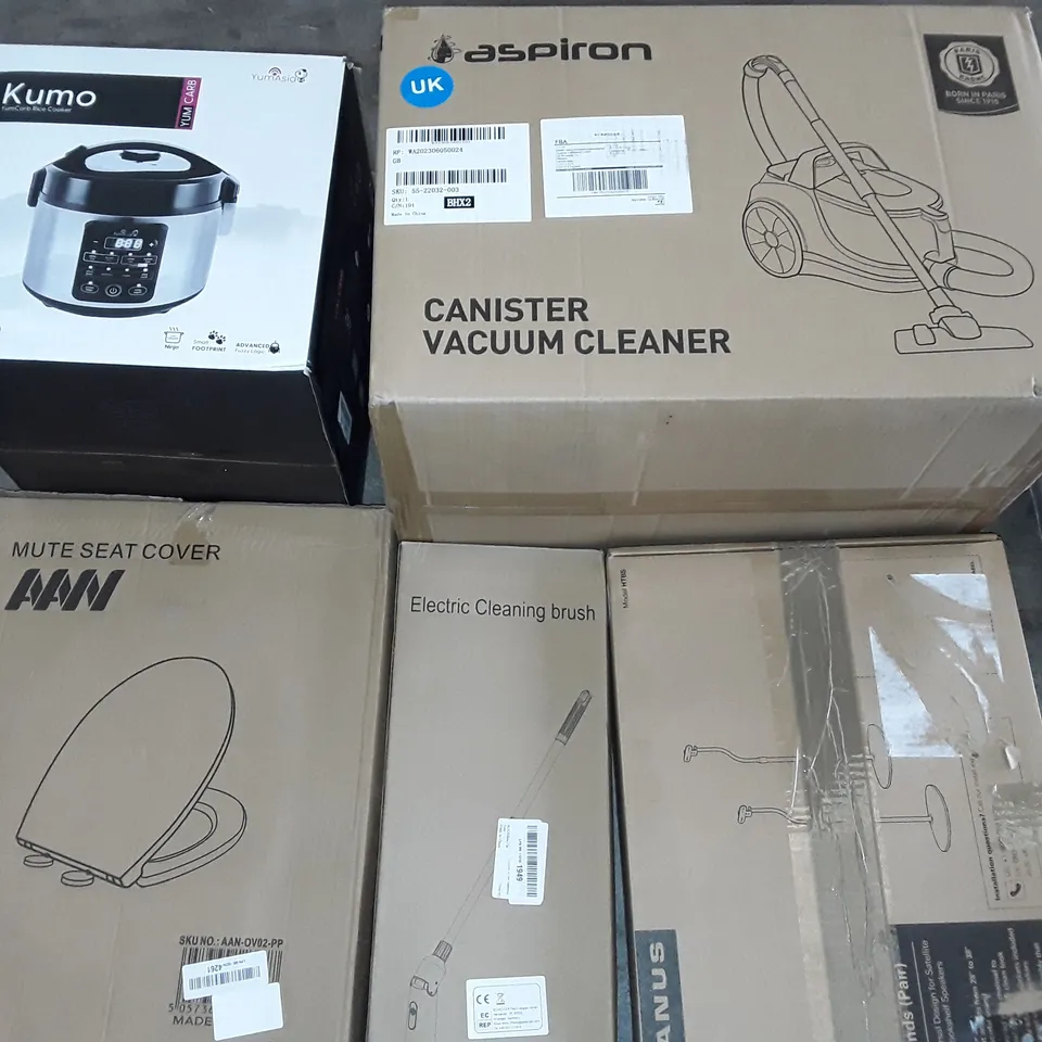 UNPROCESSED PALLET OF ASSORTED ITEMS TO INCLUDE KUMO RICE COOKER, CANISTER VACUUM, SPEAKER STANDS AND ELECTRIC CLEANING BRUSH