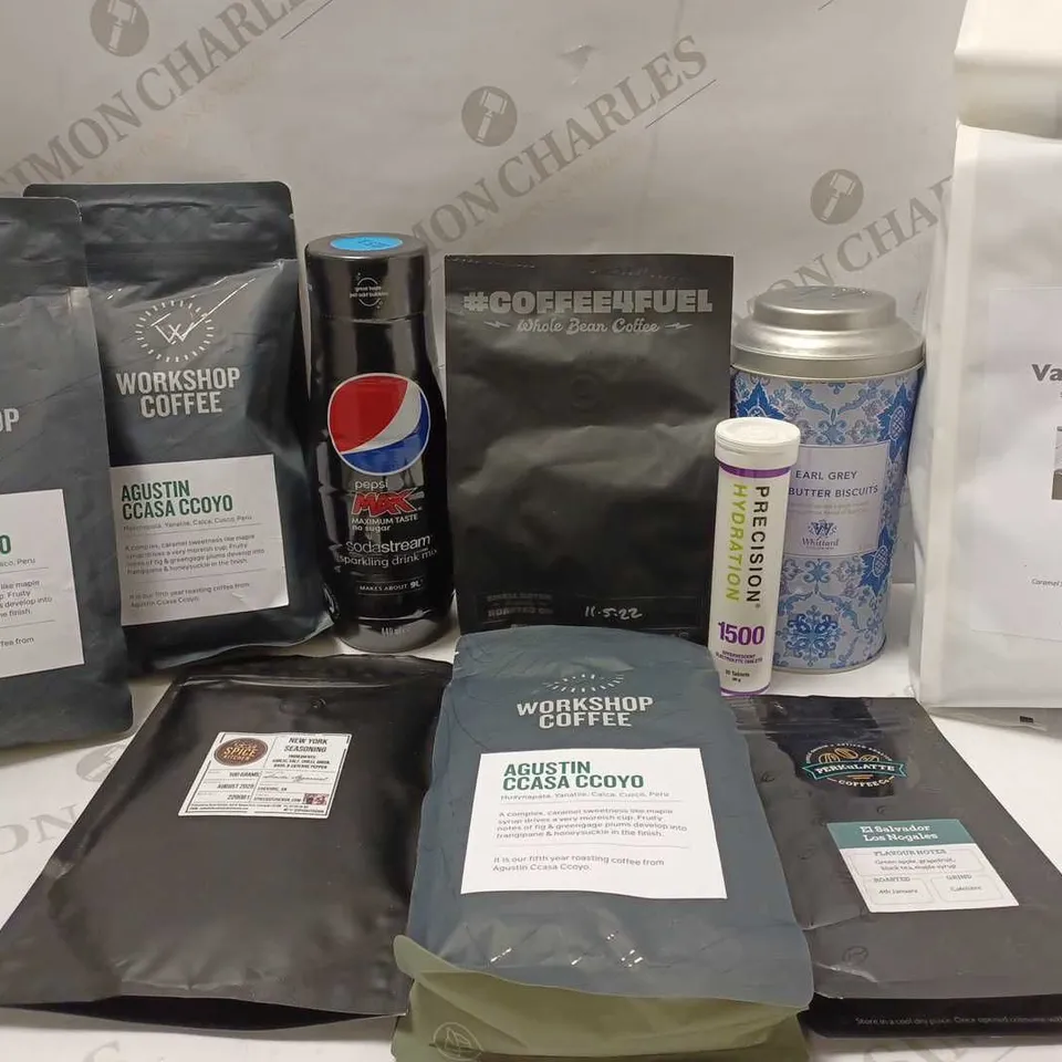 LOT OF APPROX 10 ASSORTED FOOD/DRINK ITEMS TO INCLUDE WORKSHOP COFFEE AGUSTIN CCASA CCOYO, PEPSI MAX SODASTREAM MIXING DRINK, WHITTARD EARL GREY ALL BUTTER BISCUITS, ETC 