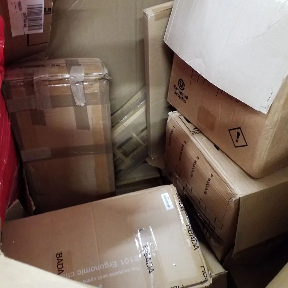 PALLET OF ASSORTED PRODUCTS INCLUDING TABLETOP FIRE PIT, PHOTO FRAMES, BED RAIL GUARD, WINDOW SEAL, OFFICE CHAIR