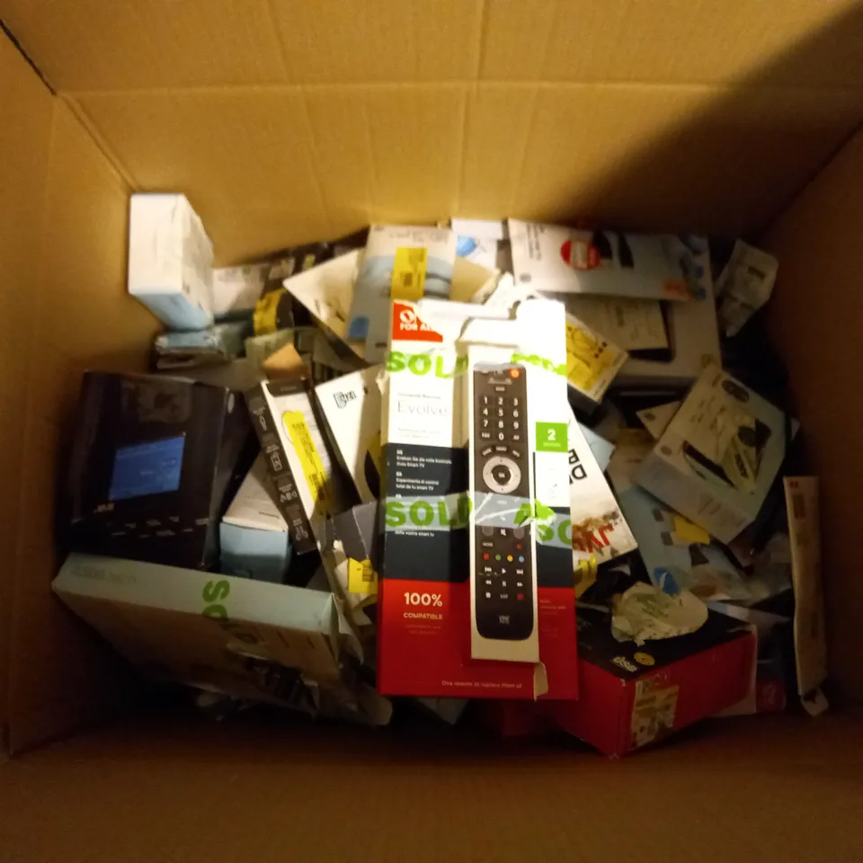 BOX OF APPROX 20 ASSORTED ITEMS INCLUDING ONE FOR ALL UNIVERSAL REMOTE, RAPOO WIRELESS MOUSE AND ASDA TECH AM/FM RADIO