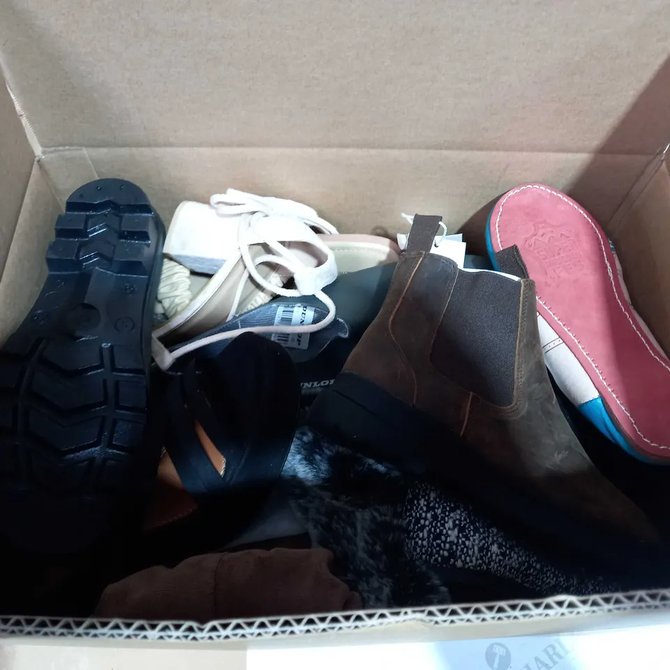 BOX OF APPROX 5 ASSORTED ITEMS TO INCLUDE - EAC BOOTS IN BROWN - ASOS HEELS - DUNLOP WATERPROOFS ECT