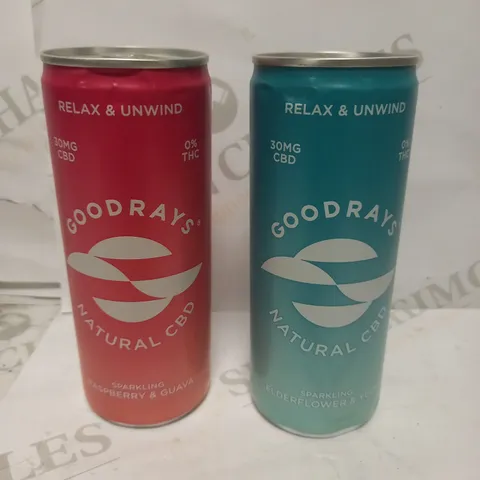 LOT OF 12 GOODRAYS 30MG CBD SELTZER, 6X ELDERFLOWER & YUZU AND 6X RASPBERRY & GUAVA